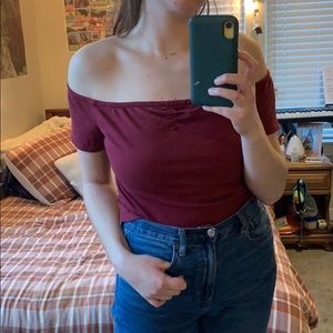 Over the shoulder maroon top